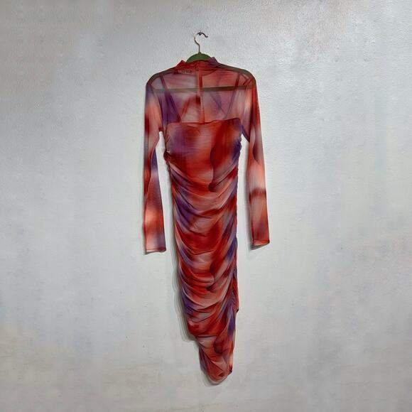 Capsulle Red Summer Heat Print Mesh Ruched Midi Bodycon Dress Sz M - Picture 11 of 14